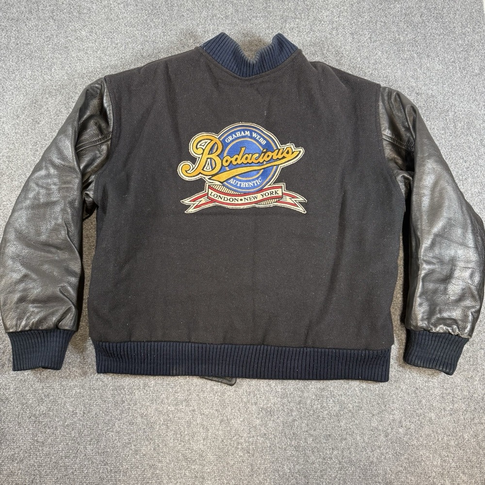 Vintage Leather Jacket Mens L Black MV Sport Bodacious Perfume Wool Varsity